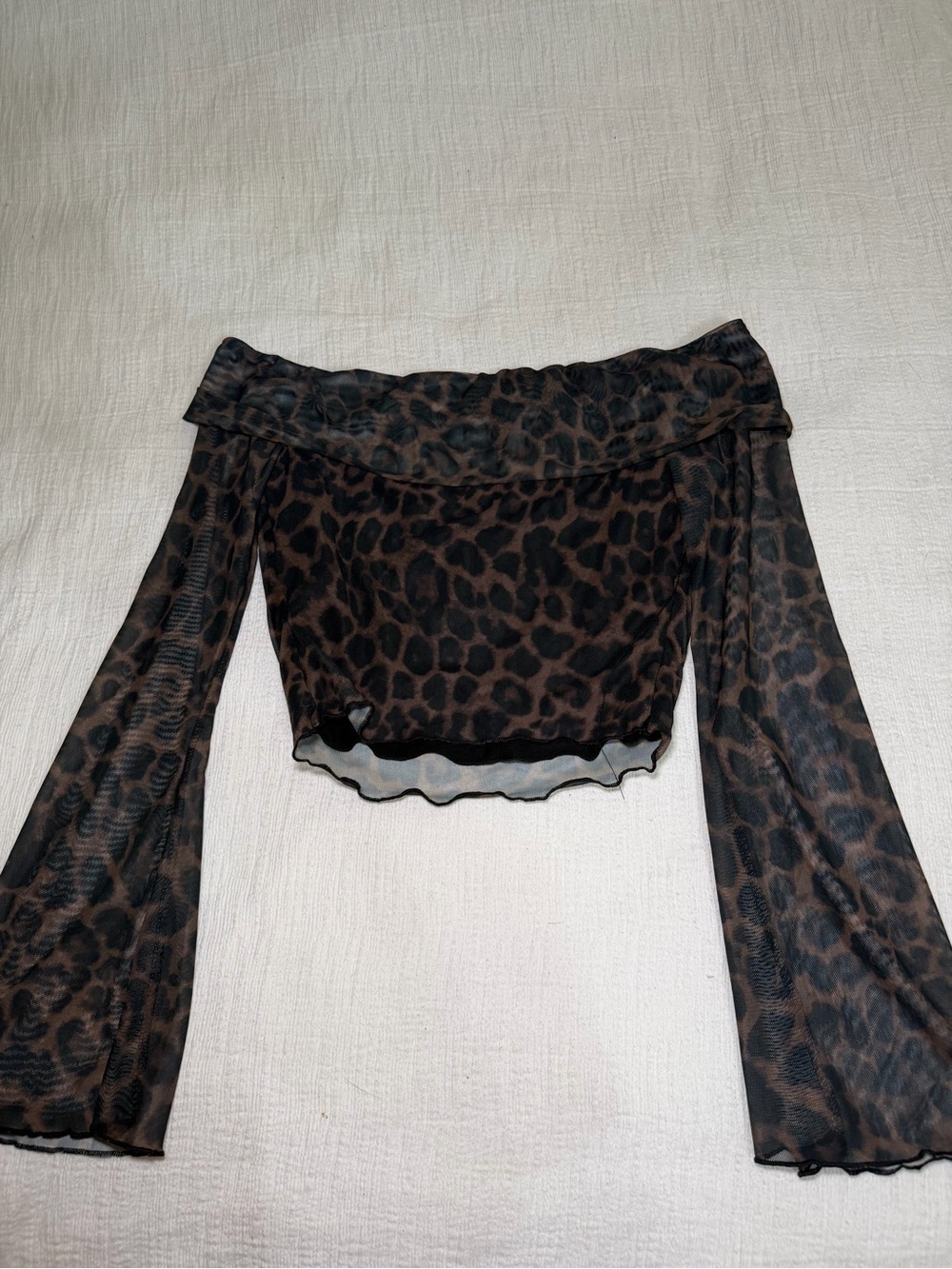Off-Shoulder Leopard Print Mesh Top - Brown